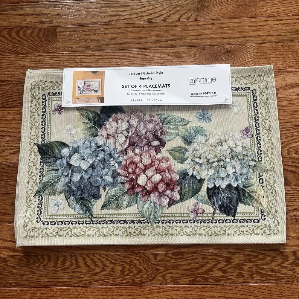 EMME Jacquard Gobelin Tapestry 4 Table Placemats Floral Hydrangea Cottage NEW
